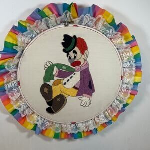 Vtg Embroidered Clown Wall Art Rainbow Ruffle Lace Trim Handmade Circus Decor